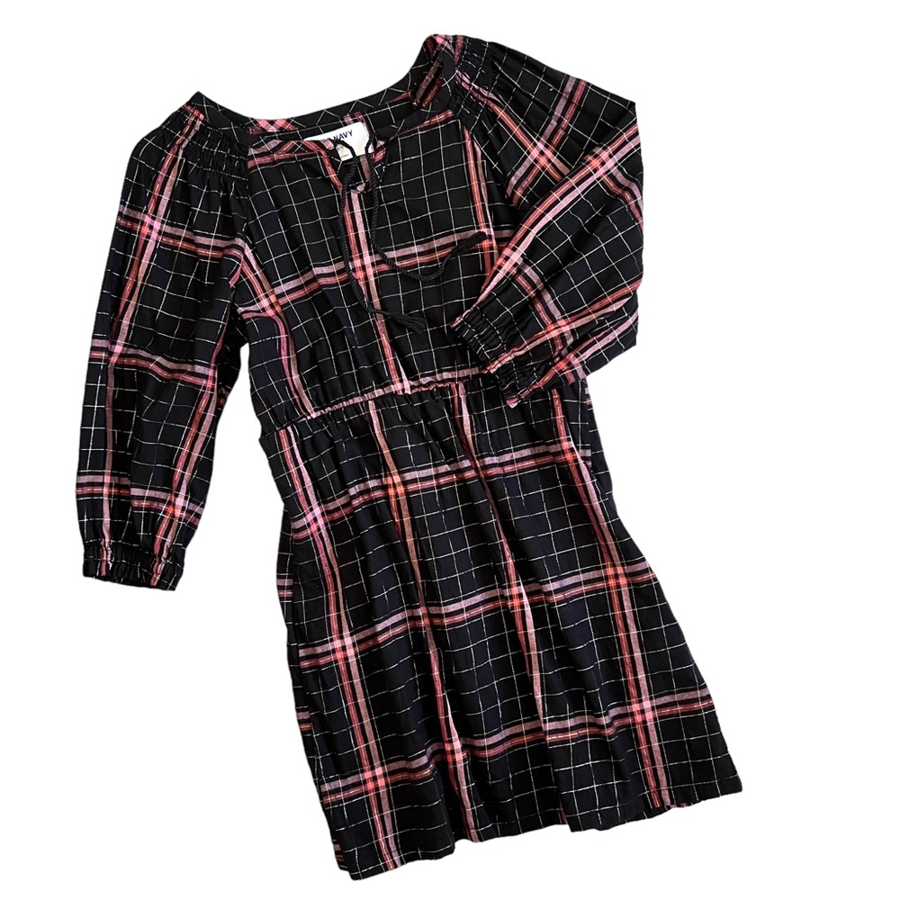 OLD NAVY Kids Plaid Black Pink Coral Dress Tie-Neck Long Sleeve Sz S (6-7)